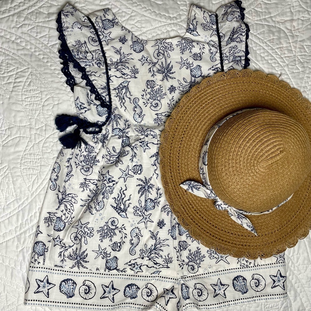 Happily Grey Girl’s Seaside Romper + Woven Straw Hat Set Navy & White Size 5T